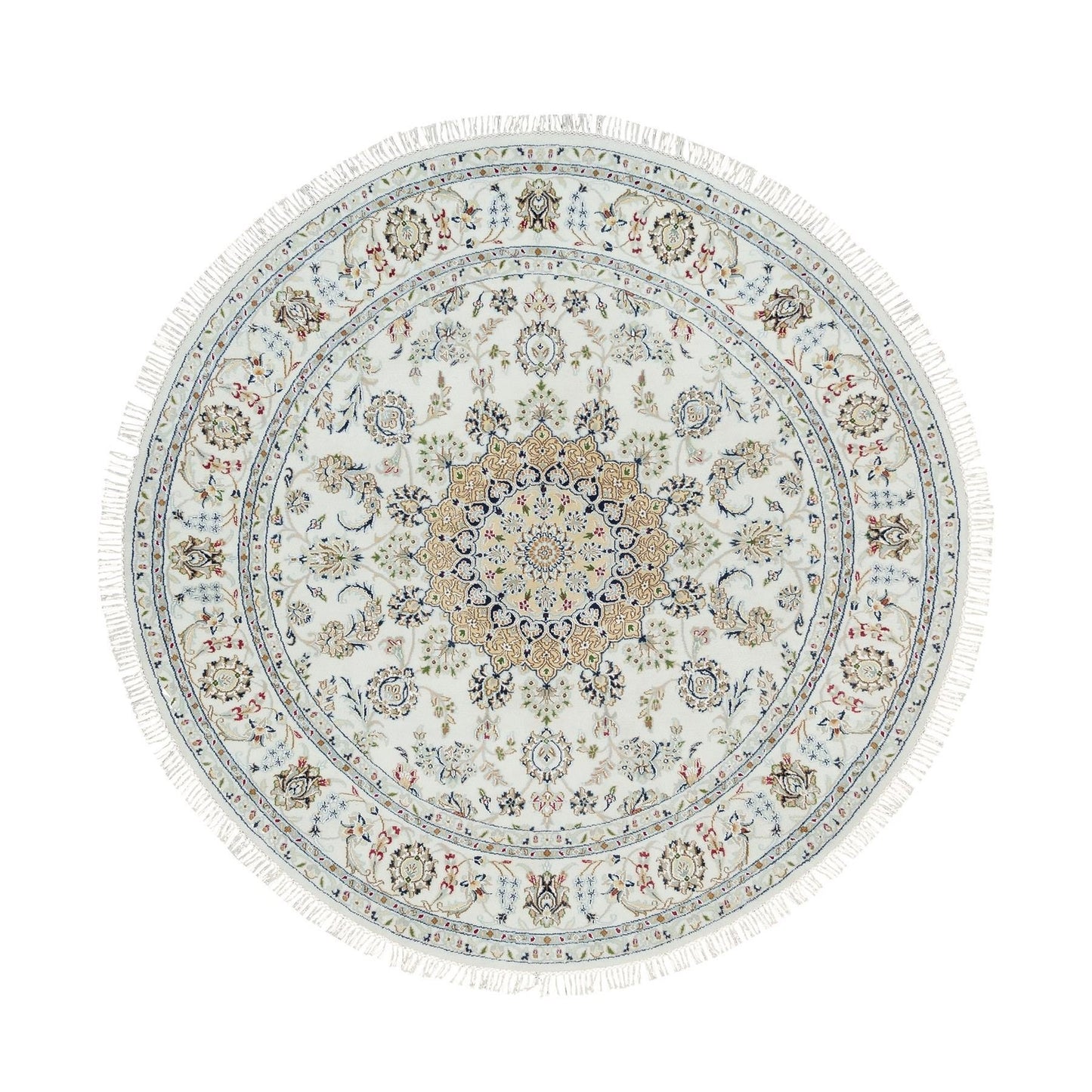 6'5"X6'5" White Organic Wool Hand Knotted Nain Design 250 Kpsi Round Rug