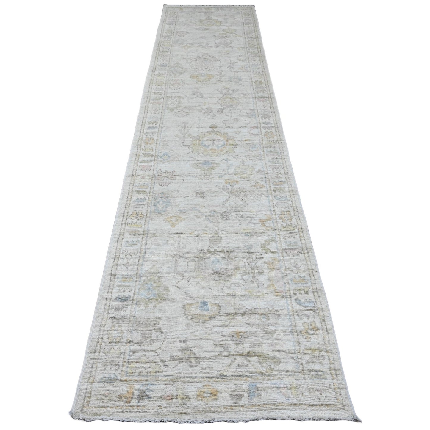 2'10"X12'5" White Hand Knotted Angora Oushak Leaf Design Wool Runner Rug
