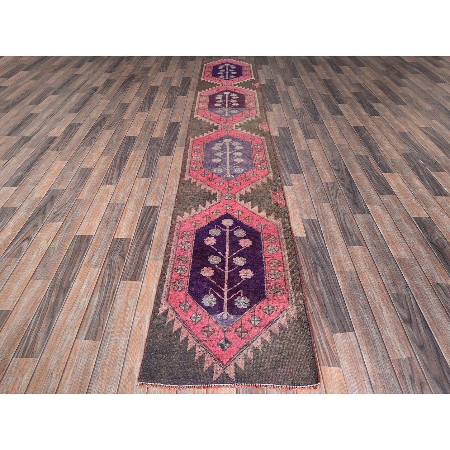 2'X11' Pink Vintage Northwest Zoroastrian Hand Knotted Pure Wool Runner Rug