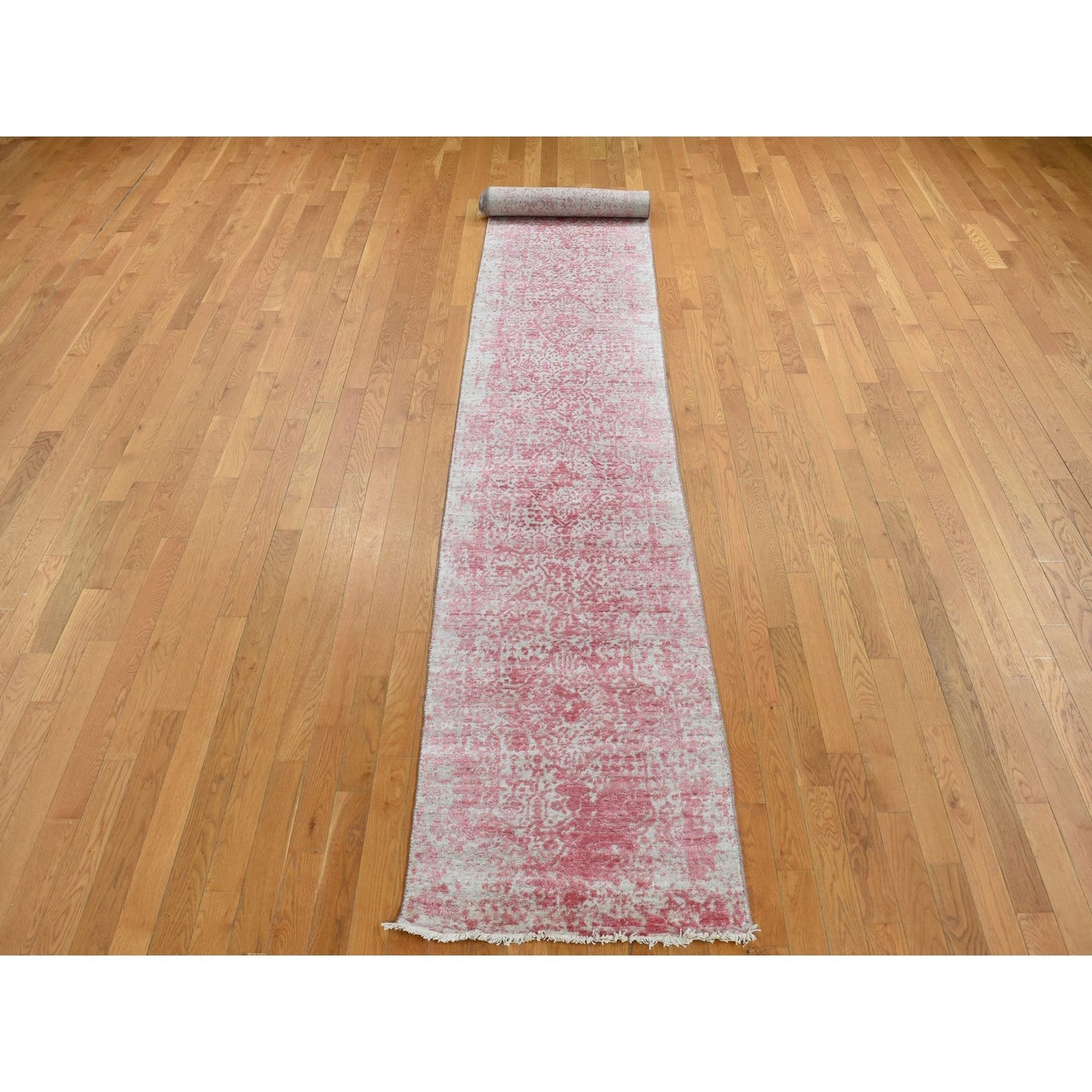 2'5"X15'7" Pink Zoroastrian Design Wool,Pure Silk Hand Knotted Runner Rug