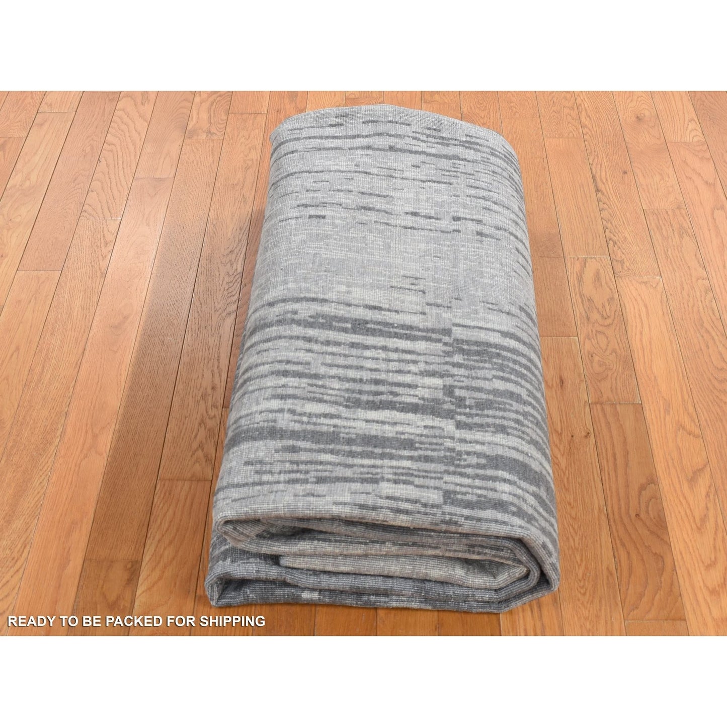 9'X11'10" Medium Gray Vertical Ombre Design Pure Silk Hand Knotted Rug