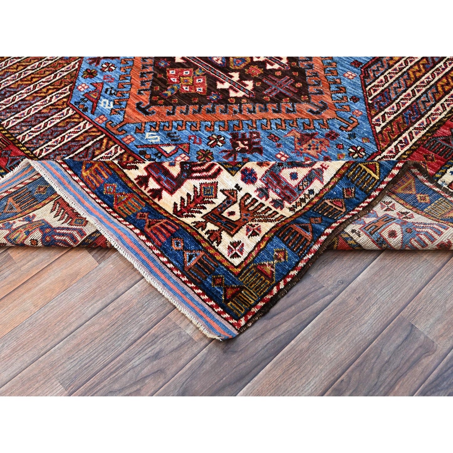 5'10"X9' Azure Blue Hand Knotted Shiny Wool Turkish Knot Striped Rug