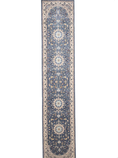 Blue-Gray Indo-Nain Wool Runner Rug Floral