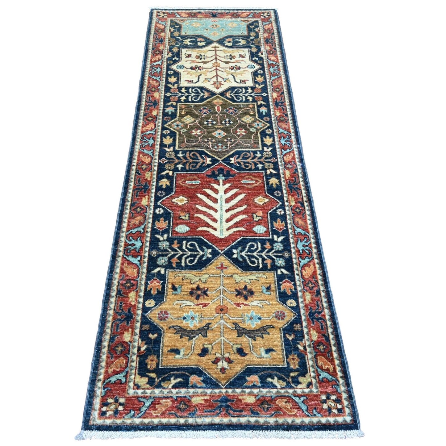2'6"X7'10" Blue Caucasian Akstafa Design All Wool Hand Knotted Runner Rug