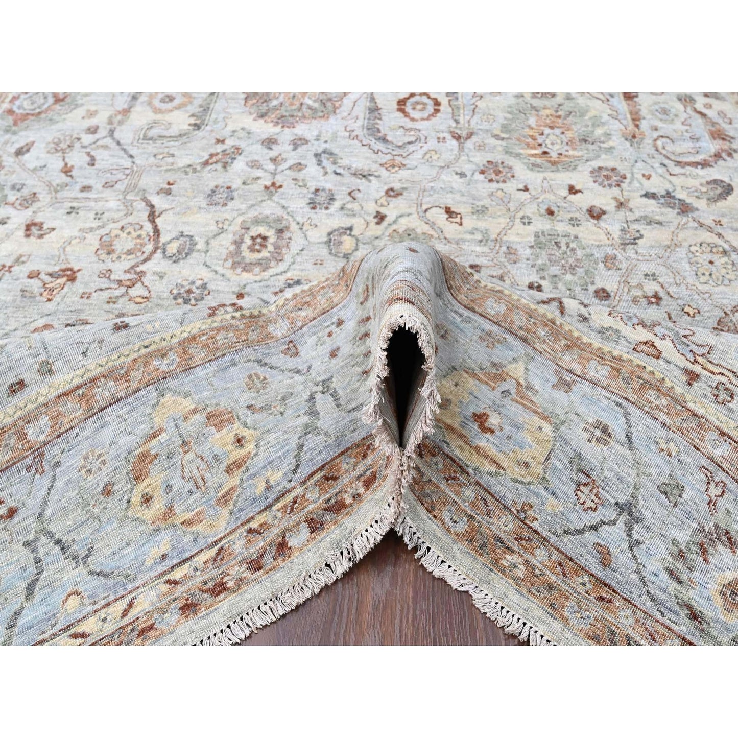 9'X11'9" Gray Pure Wool Antiqued Ziegler Mahal Design Hand Knotted Rug