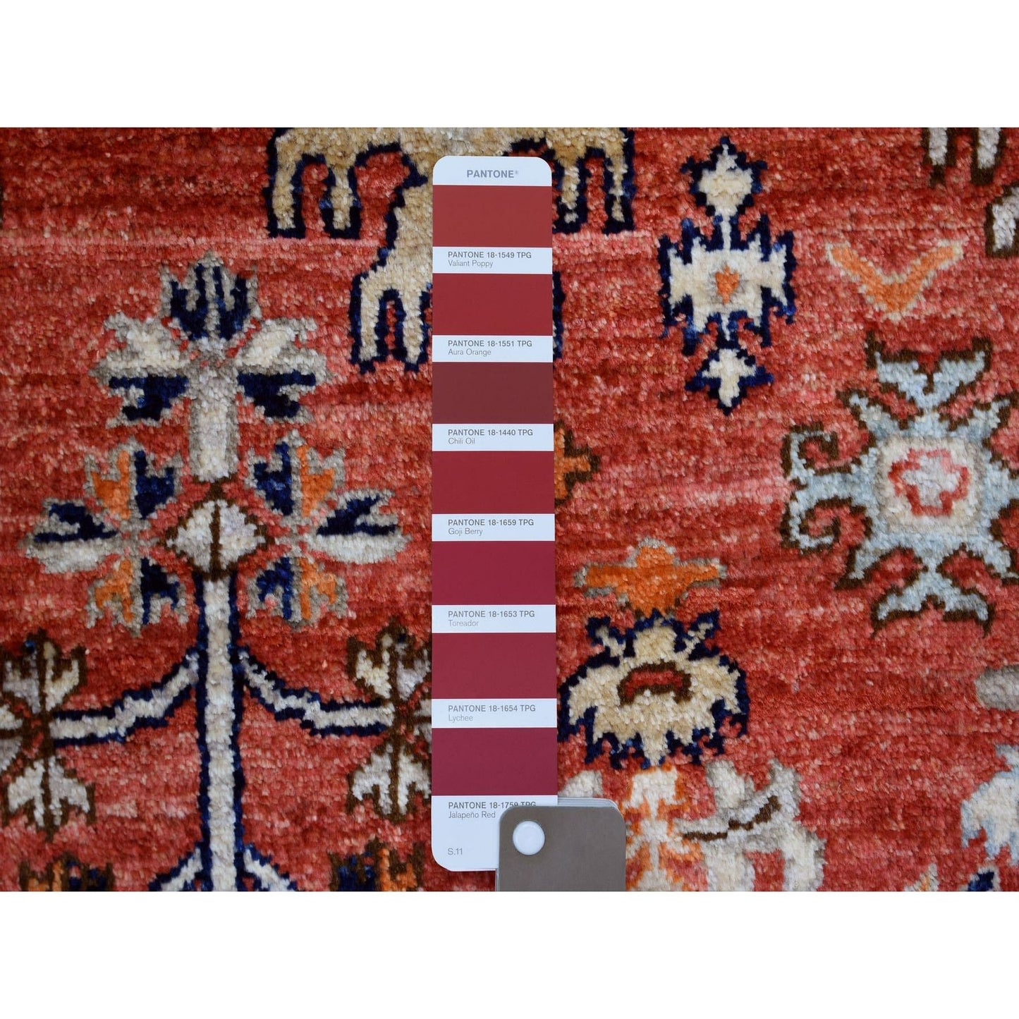 4'X9'7" Red Afghan Ersari Elements Design Wool Hand Knotted Runner Rug