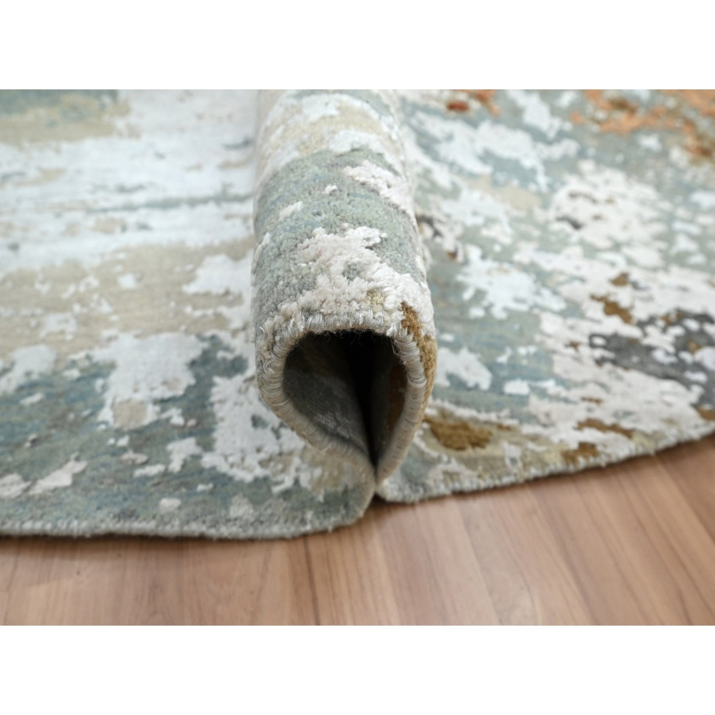 9'9"X9'9" Shades Of Gray Abstract Design Pure Wool Hand Knotted Round Rug
