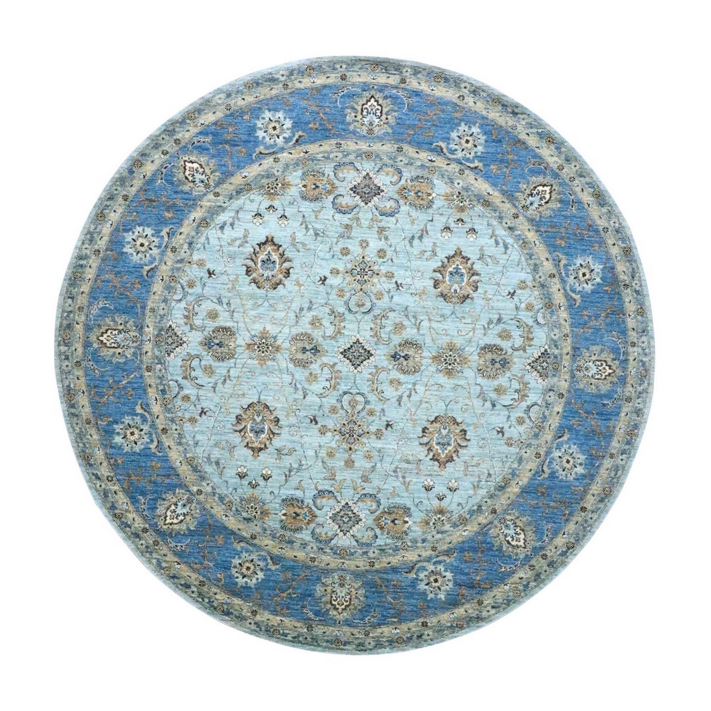 9'X9' Blue Agra Shah Abbas Flower Design Pure Wool Hand Knotted Round Rug