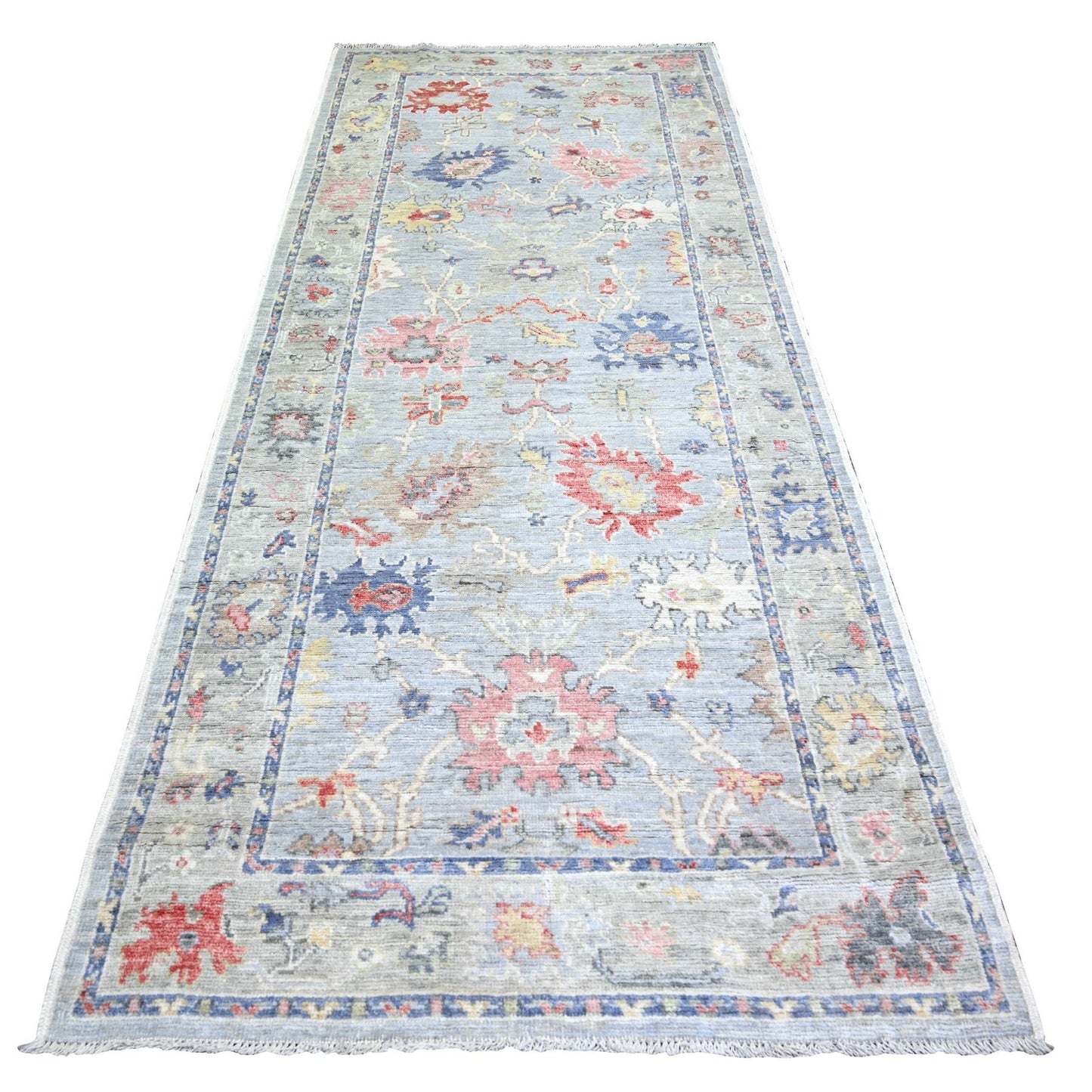 4'X10' Gray Afghan Angora Oushak Pure Wool Hand Knotted Wide Runner Rug