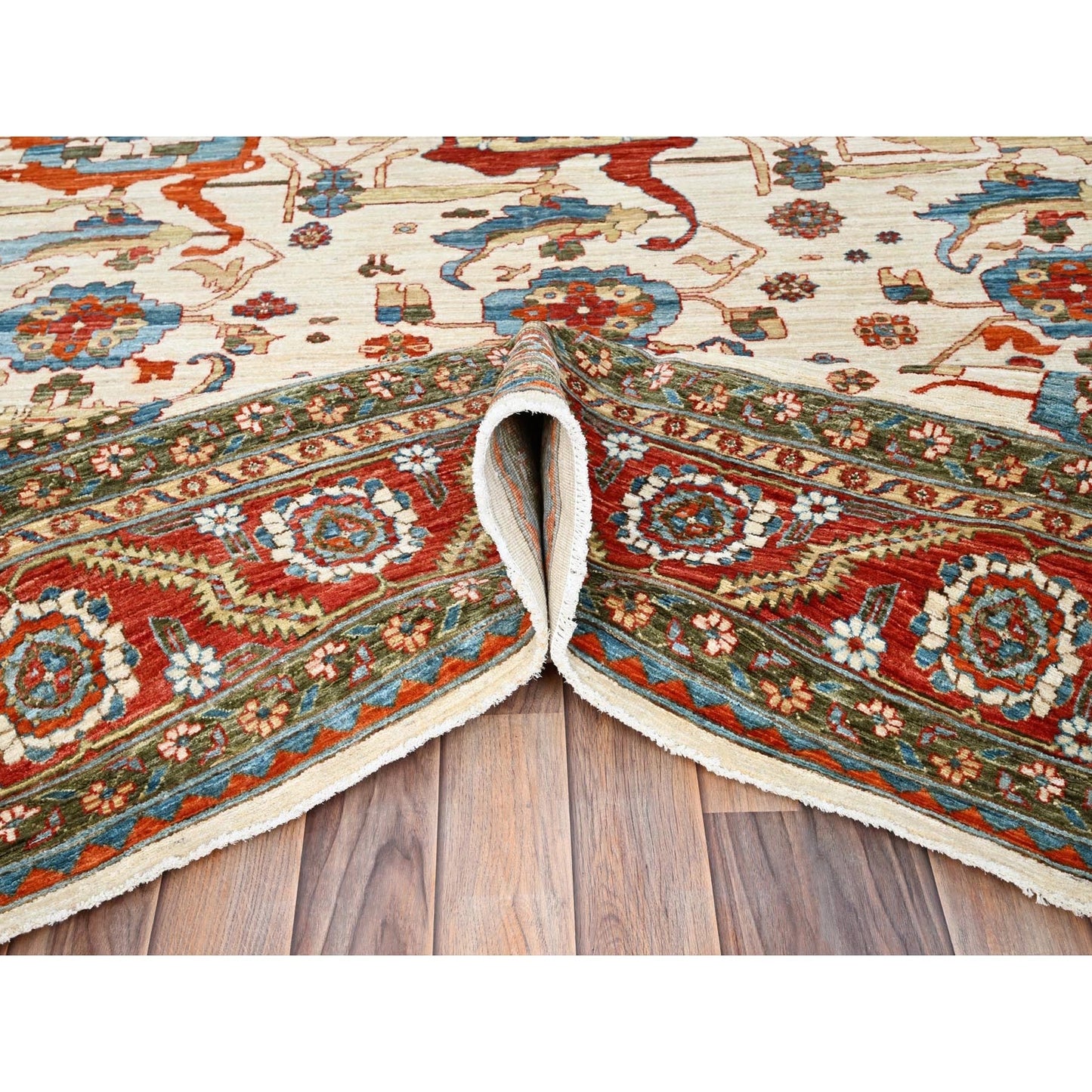 8'1"X9'9" White Wool 200 Kpsi Heris Design Hand Knotted Oriental Rug