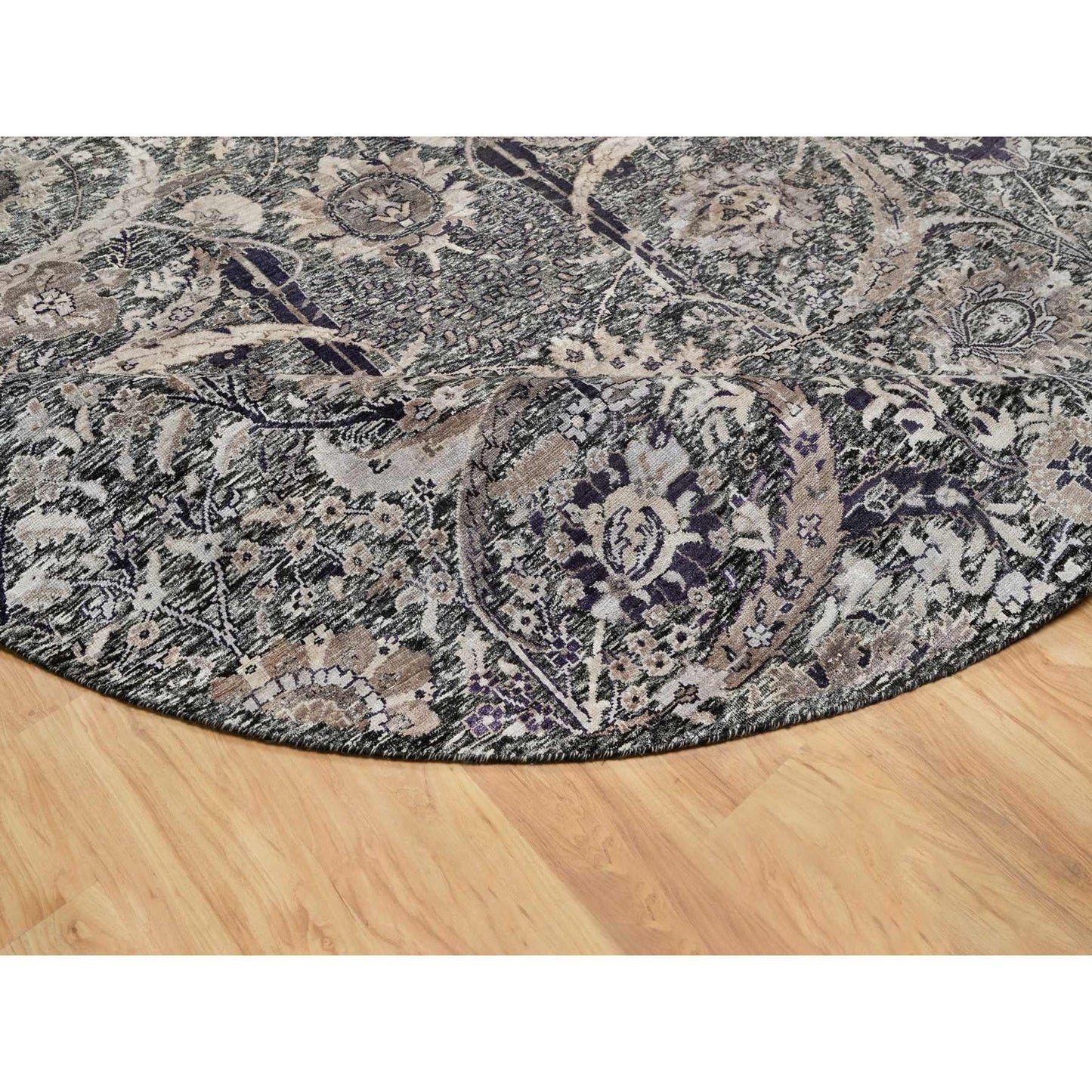10'X10' Brown Wool And Silk Hand Knotted Sickle Leaf Round Oriental Rug