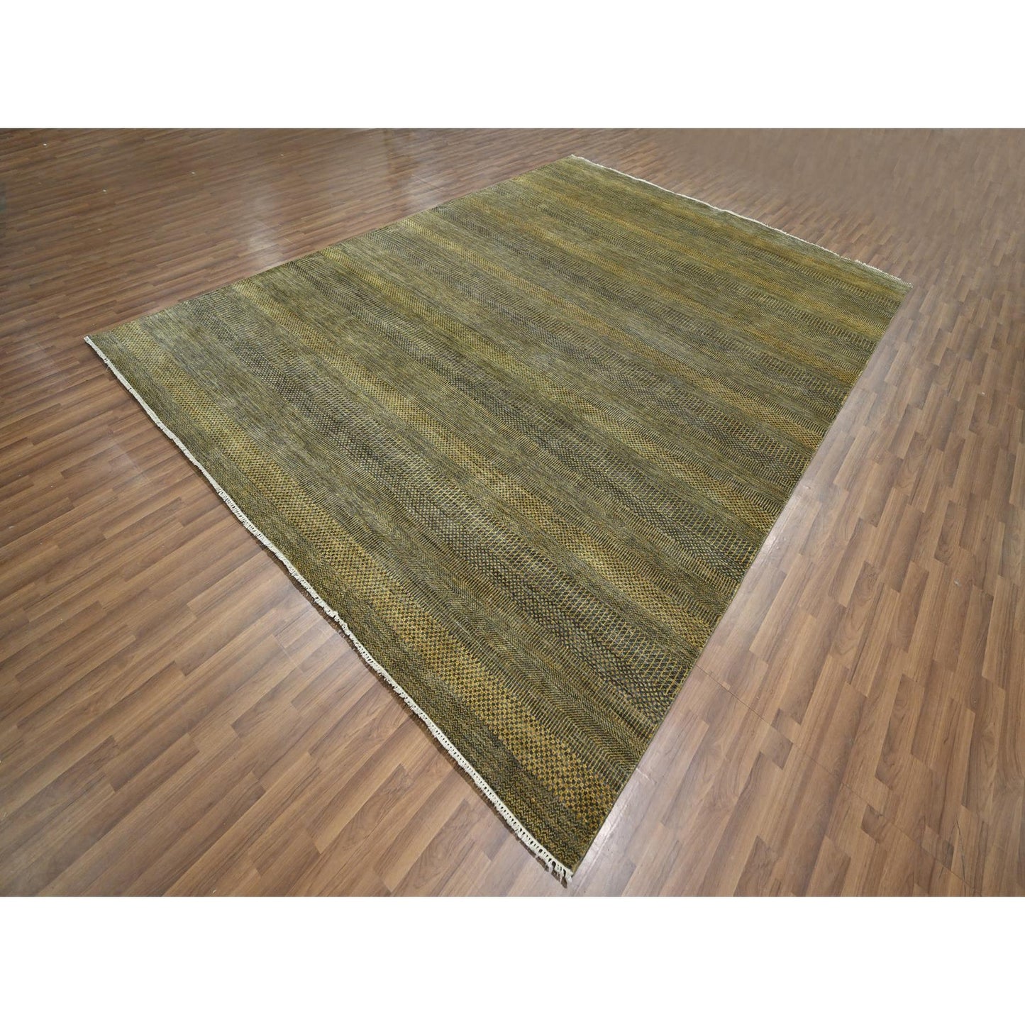 9'2"X12'6" Bone Brown Modern Grass Design Hand Knotted Wool And Silk Rug