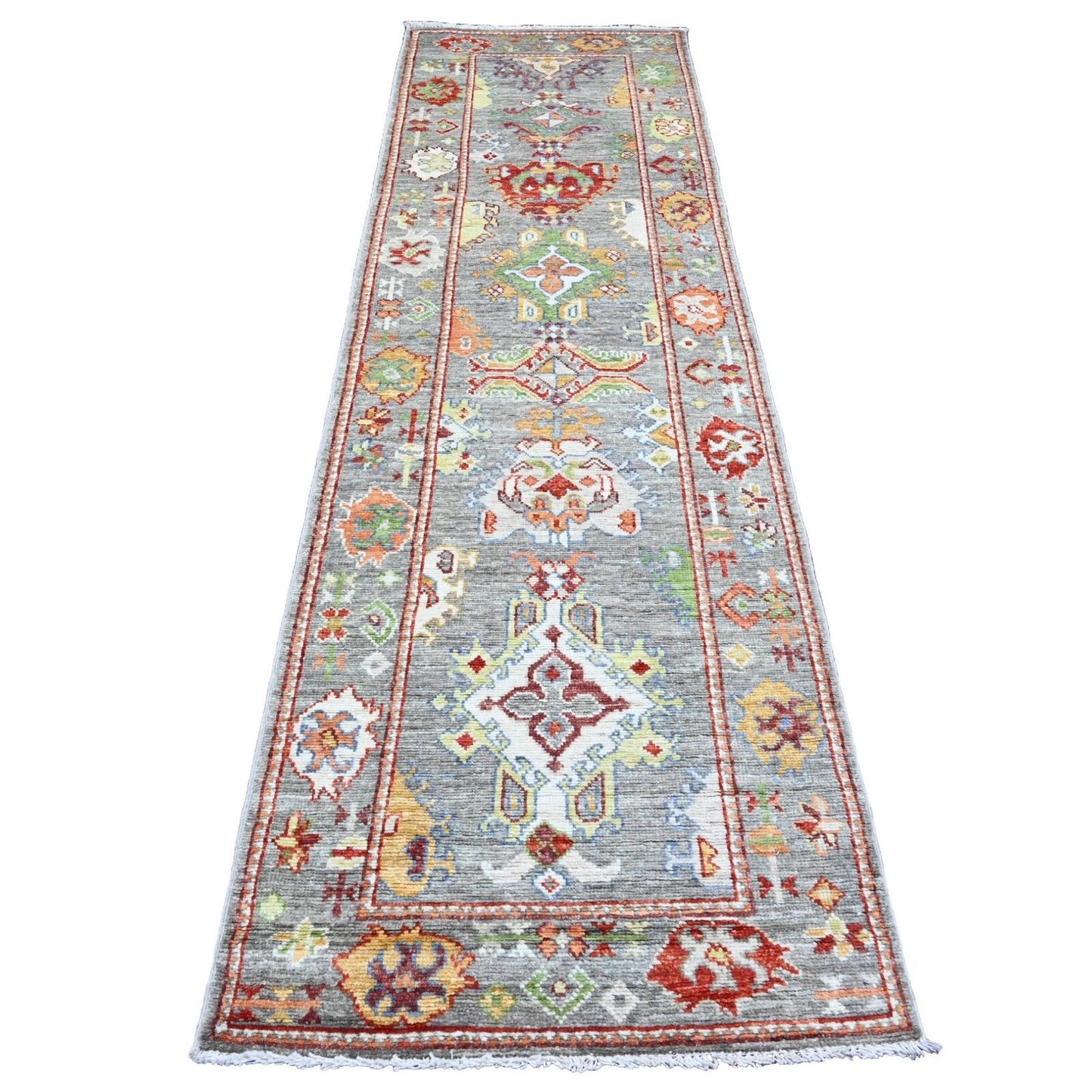 2'9"X9'6" Gray Angora Oushak Leaf Design Hand Knotted All Wool Runner Rug