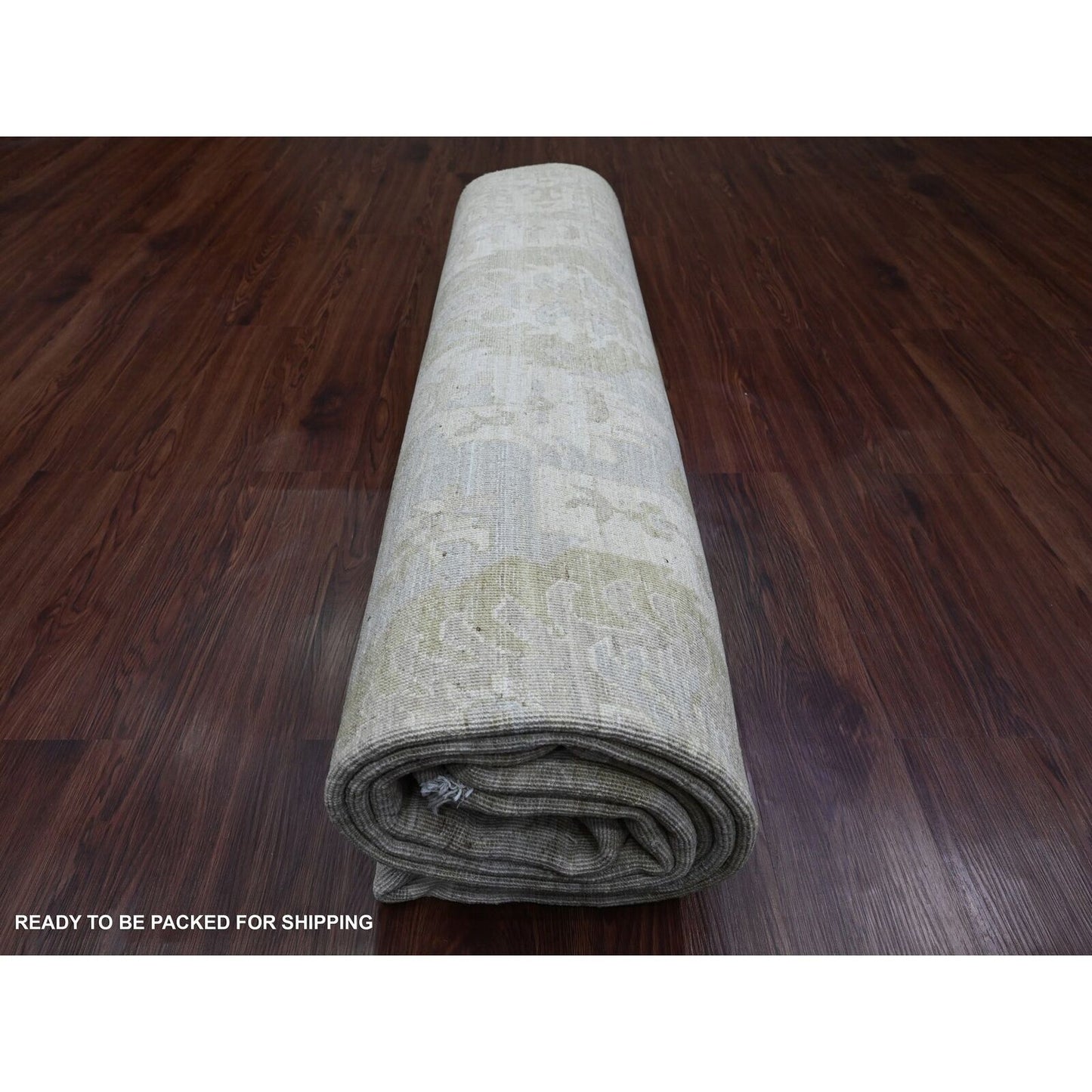 9'X11'9" Green Antiqued Peshawar Mahal Design Hand Knotted Pure Wool Rug
