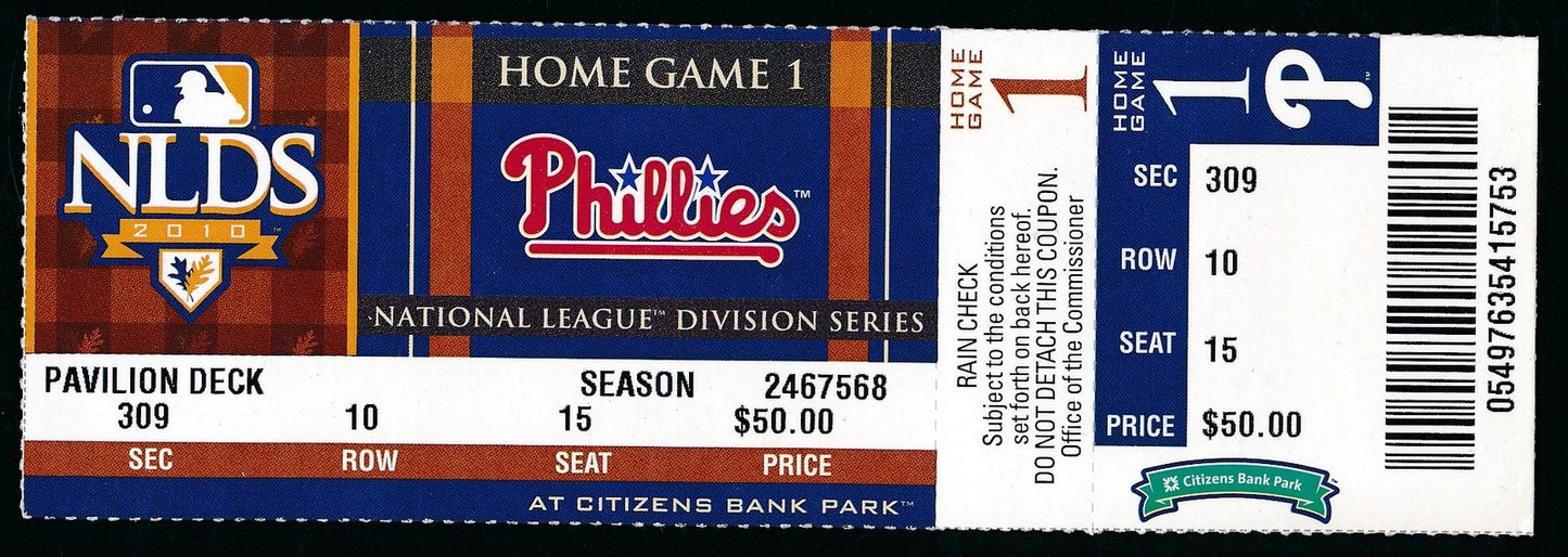 2010 Nlds Game 1 Phillies Vs. Reds Full Ticket