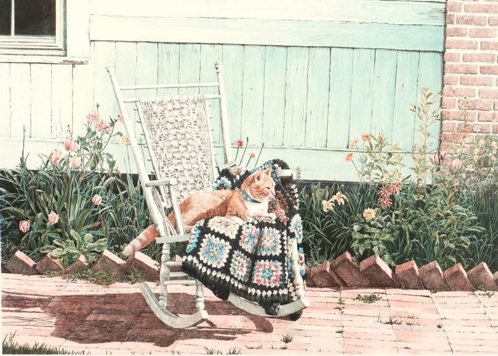 Helen Rundell Lithograph Rocking Chair Cat Signed