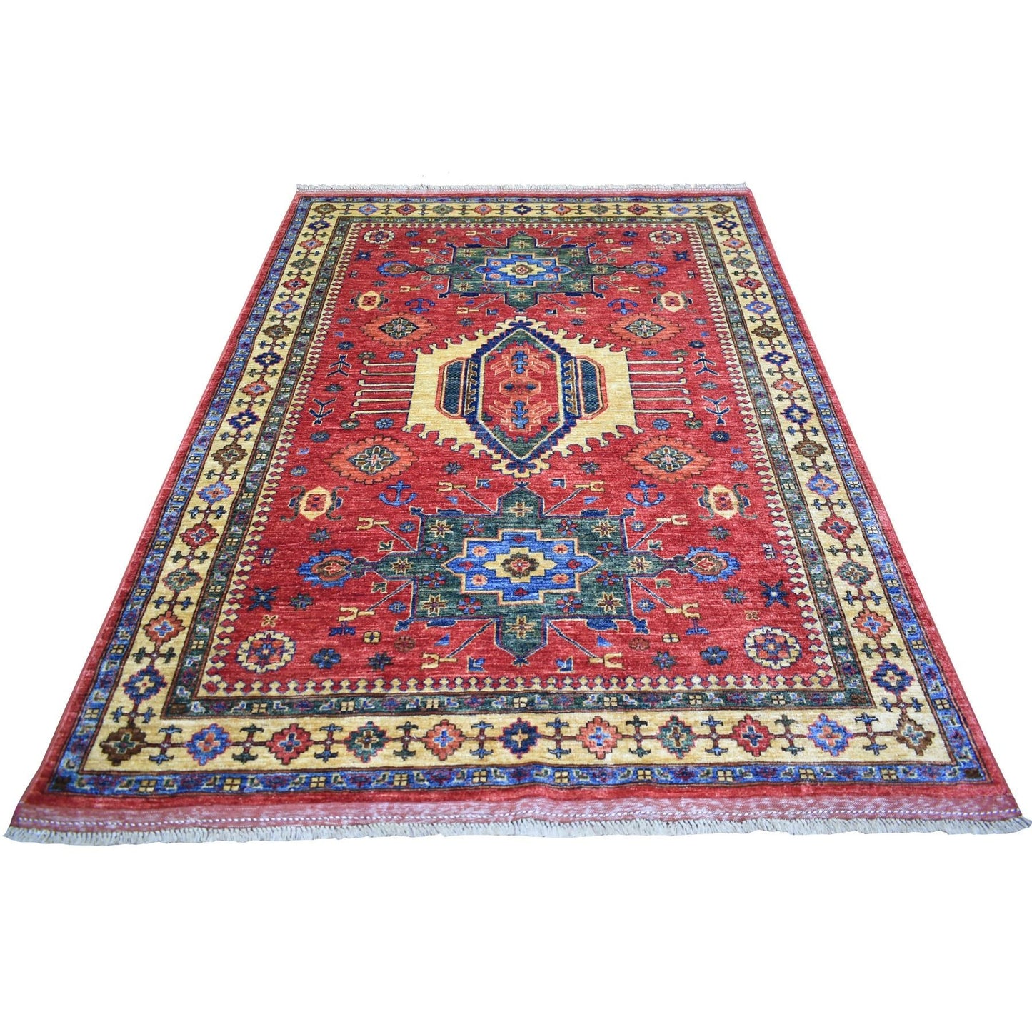 5'7"X7'7" Red Afghan Ersari With Geometric Design Pure Wool Oriental Rug