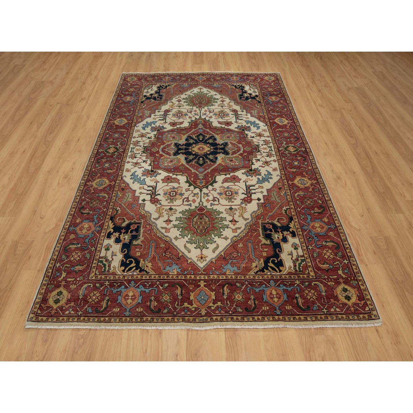 6'2"X9'1" Ivory Antiqued Heris Re-Creation Hand Knotted Soft Wool Rug