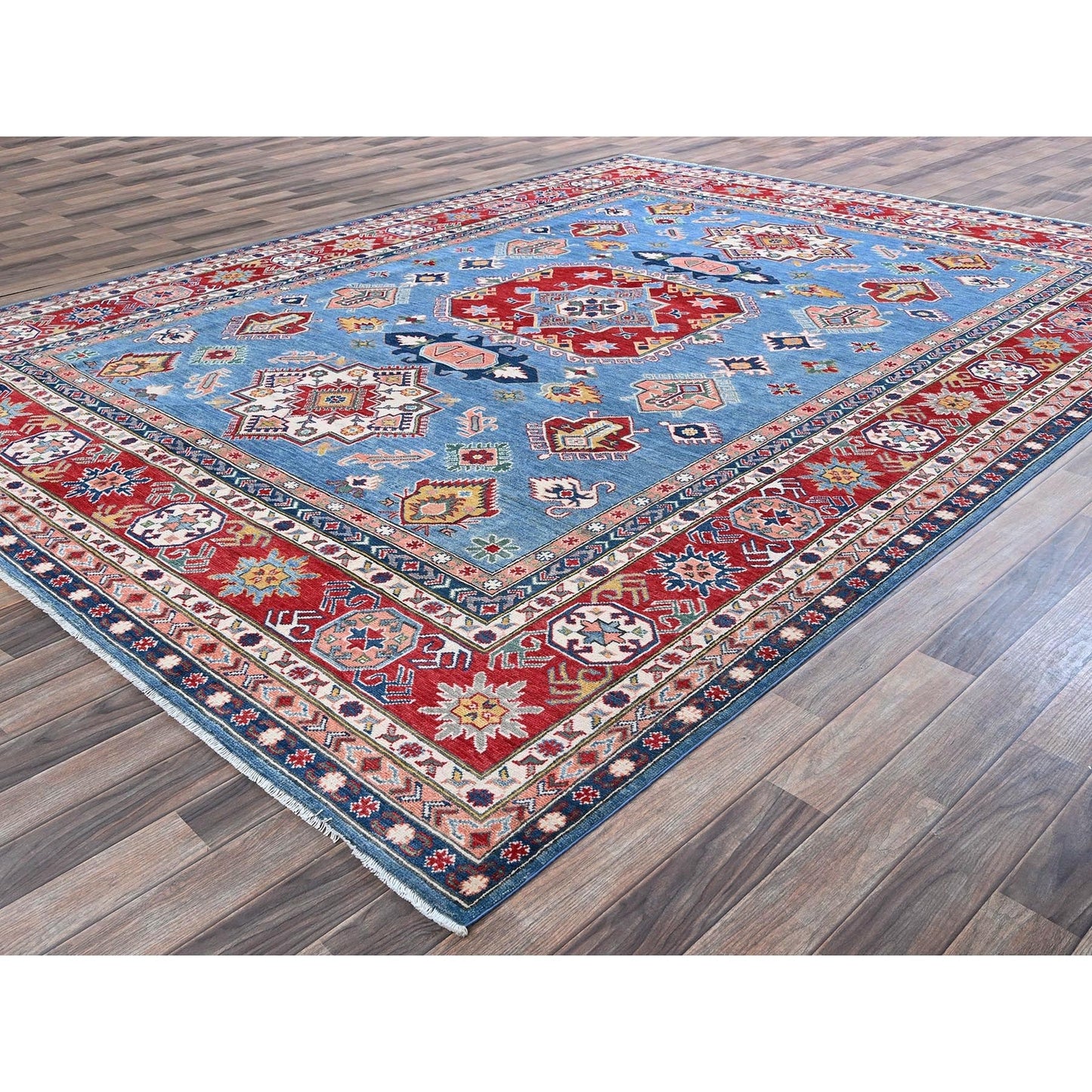 8'10"X11'8" Blue Kazak With Geometric Design Hand Knotted Soft Wool Rug