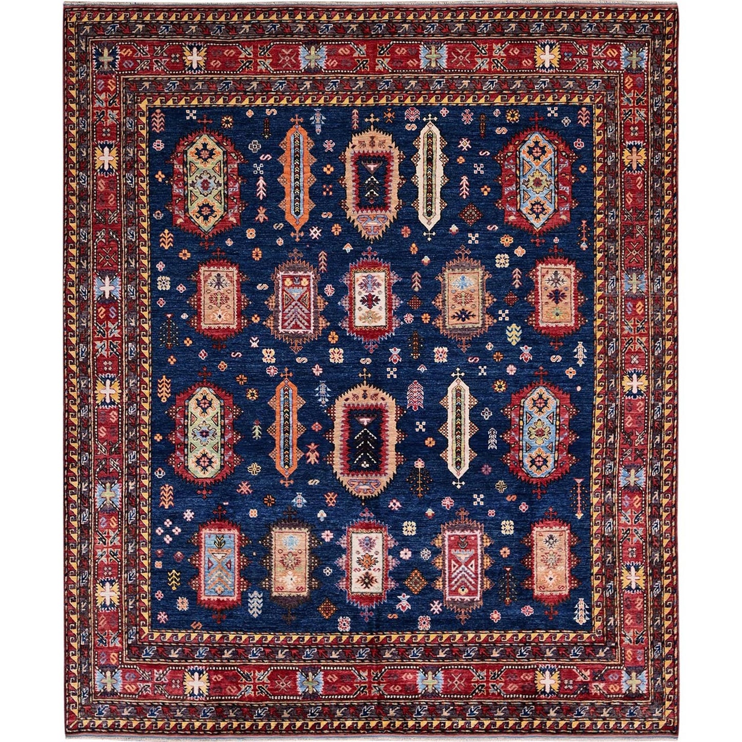 8'5"X9'8" Yale Blue Afghan Caucasian Design Revival Hand Knotted Wool Rug