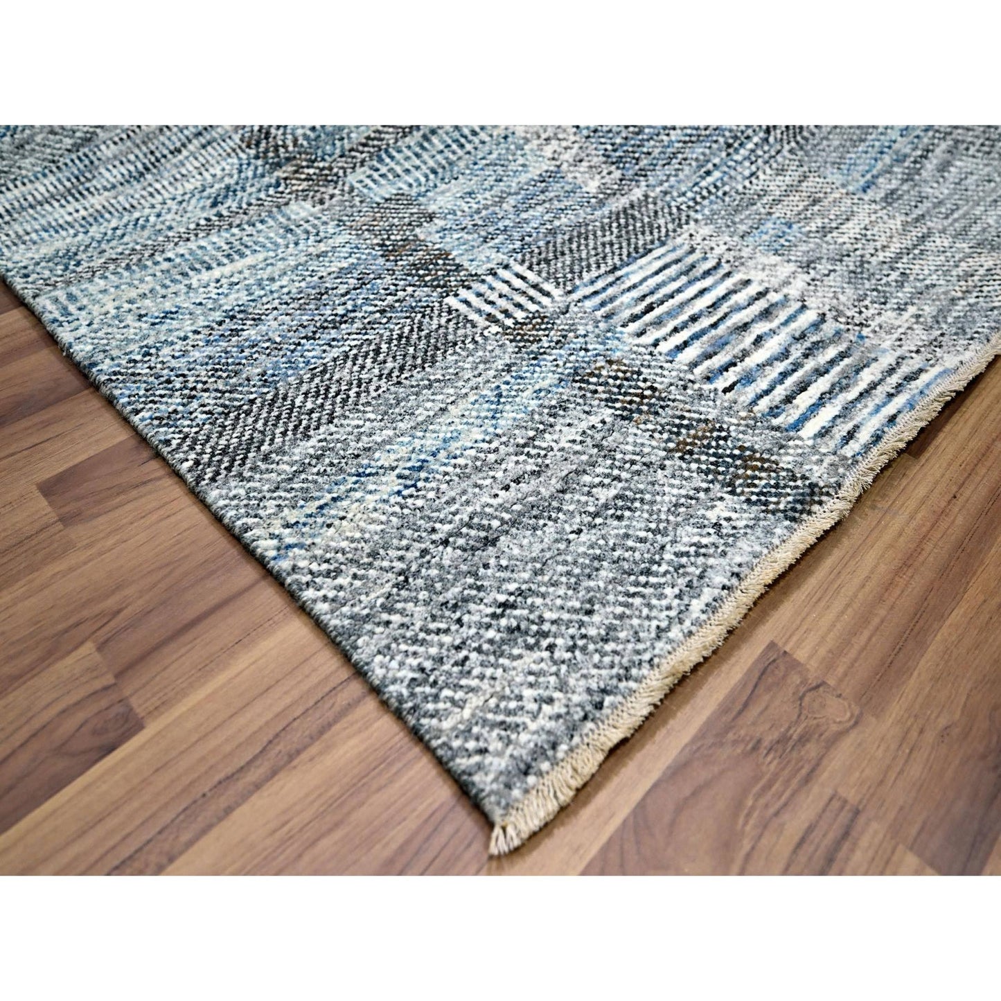 9'X12'1" Barely Blue Modern Geometric Plaid Design Wool Hand Knotted Rug