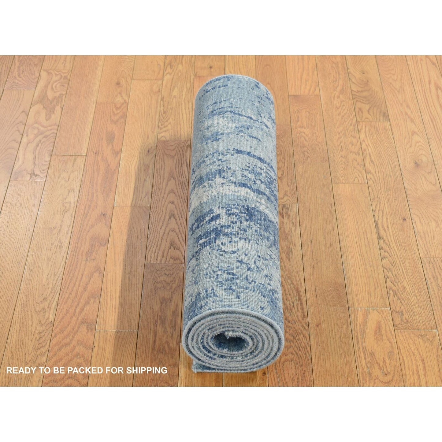 2'7"X6'1" Blue Abstract Design Wool And Pure Silk Hand Knotted Runner Rug