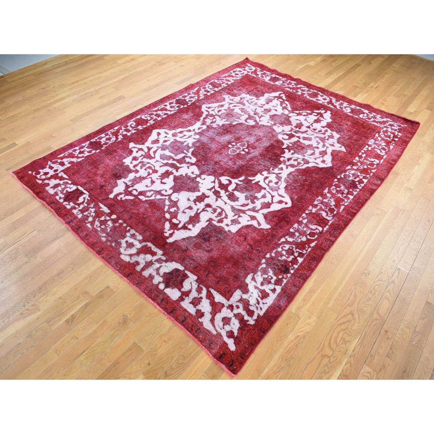8'2"X11'1" Red Overdyed Vintage Tebraz Design Pure Wool Hand Knotted Rug