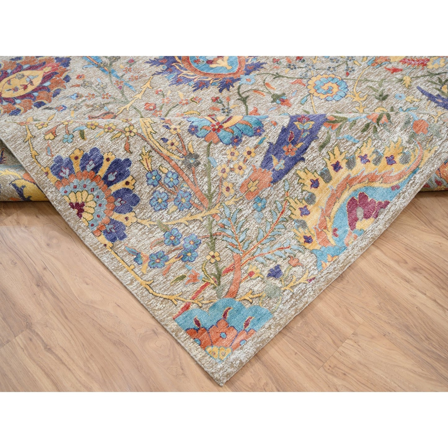 9'1"X12'4" Silk With Wool Hand Knotted Tan Sickle Leaf Design Rug