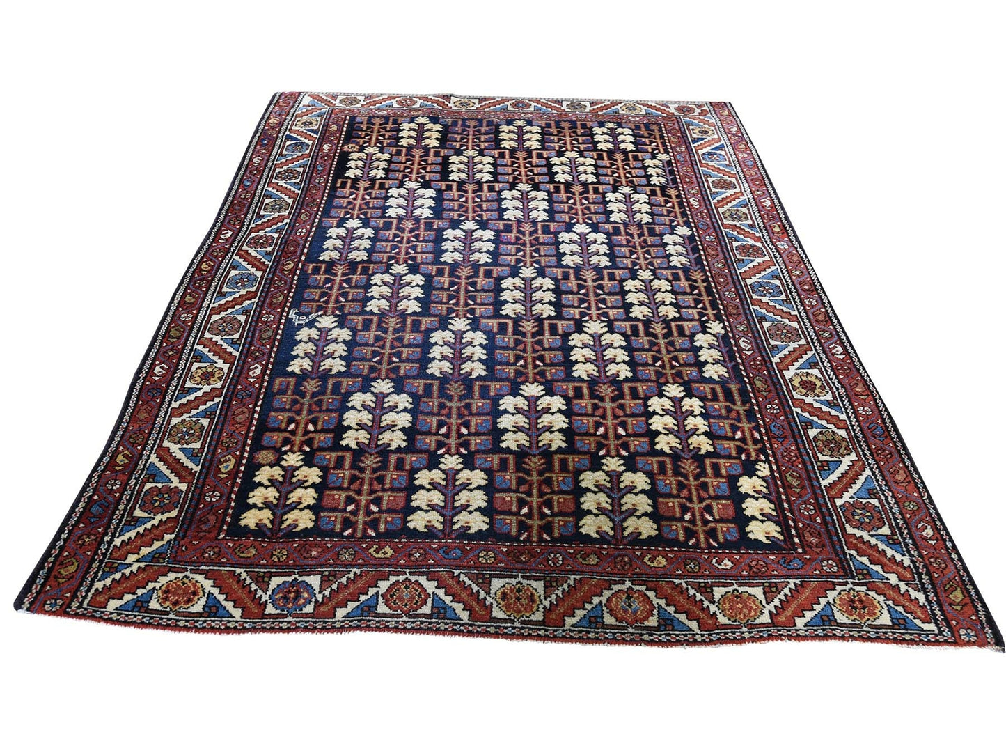 4'4"X5'9" Navy Antique Farsian Heris With Tree Design Hand-Knotted Rug