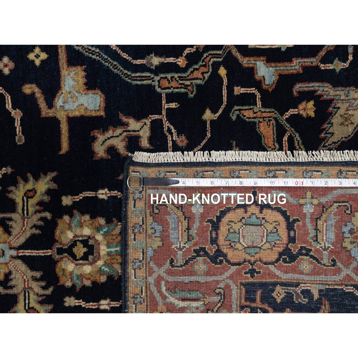 4'2"X12'2" Navy Antiqued Heris Re-Creation Hand Knotted Wool Runner Rug
