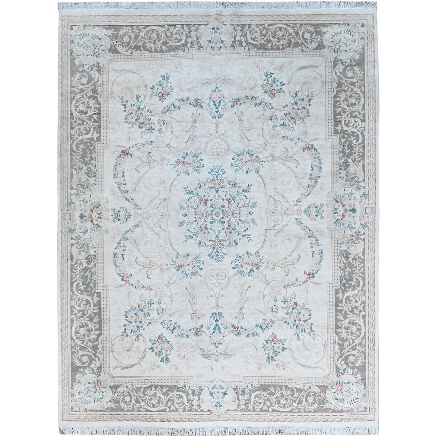 9'X11'9" White Aubusson Design Zoroastrian 300 Kpsi Wool Hand Knotted Rug