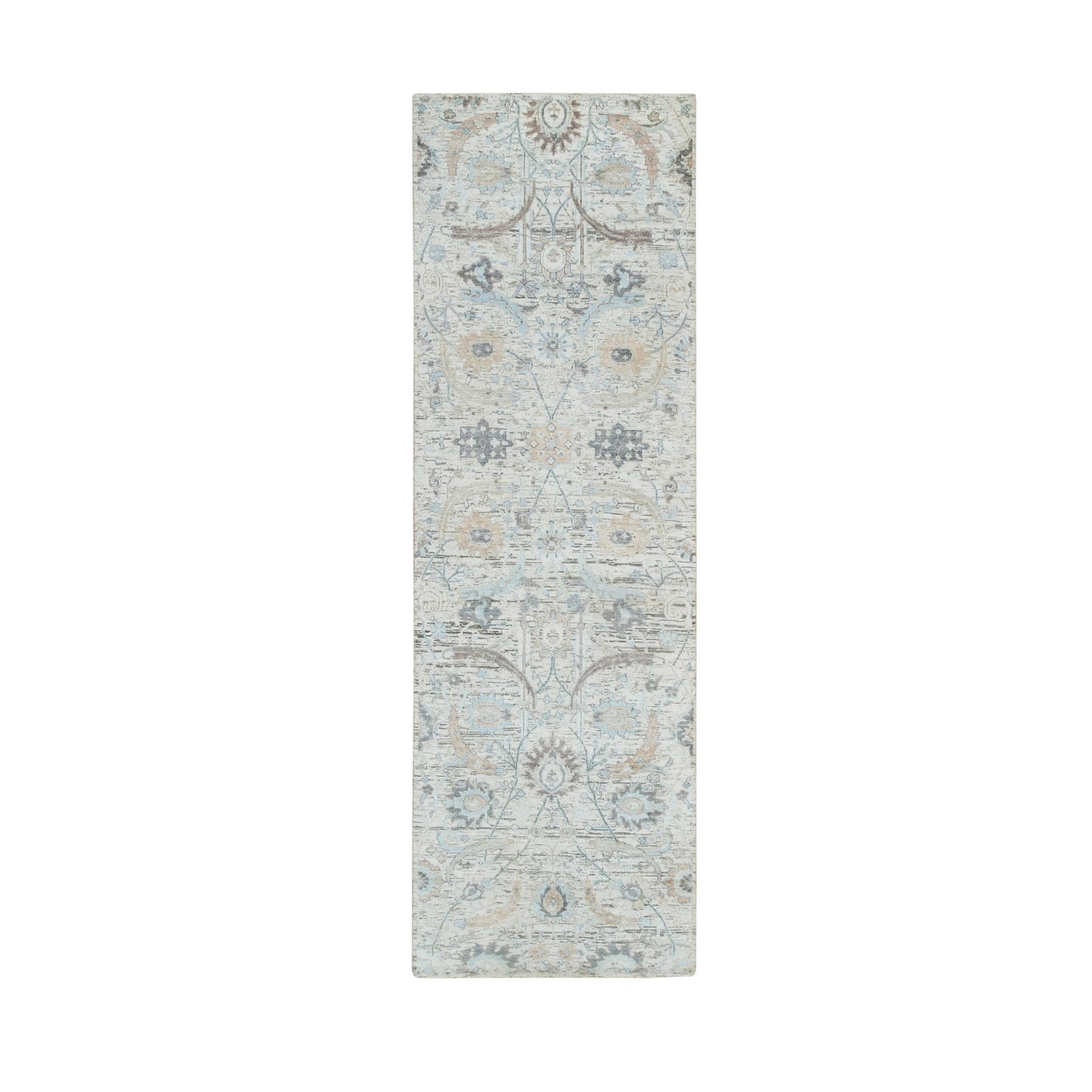 2'7"X8'2" Ivory Hand Knotted Sickle Leaf Design Silk/Wool Runner Rug