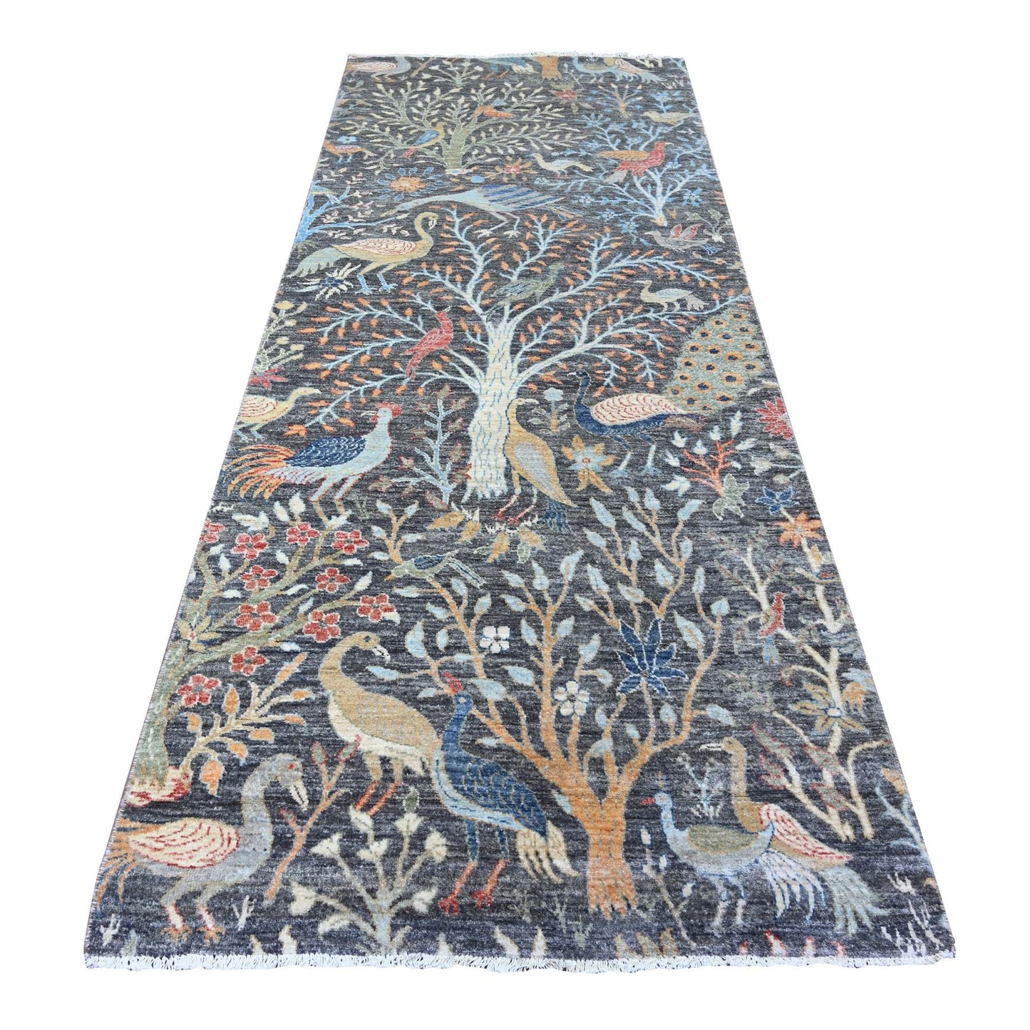 3'10"X10' Black Wool Afghan Peshawar Hand Knotted Wide Runner Rug