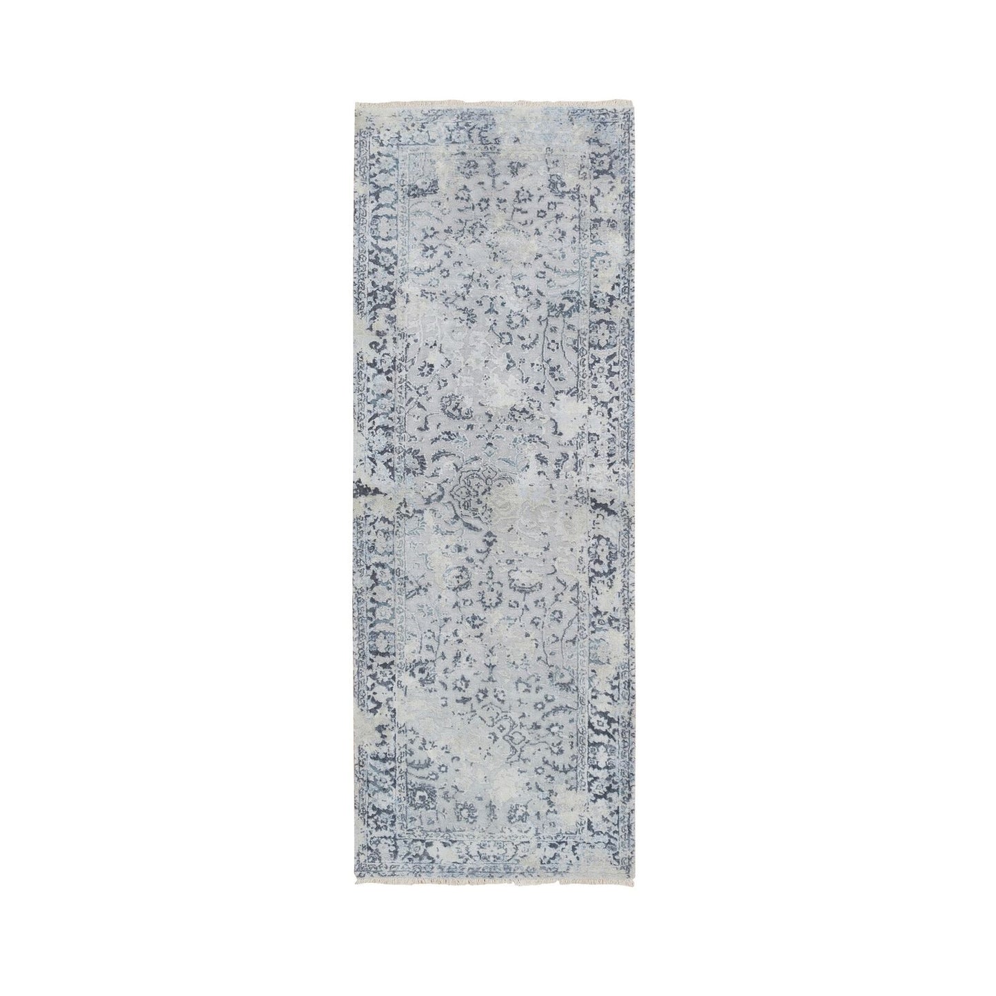 2'9"X7'8" Gray Silk/Wool Hand Knotted Broken Kishoon Design Runner Rug