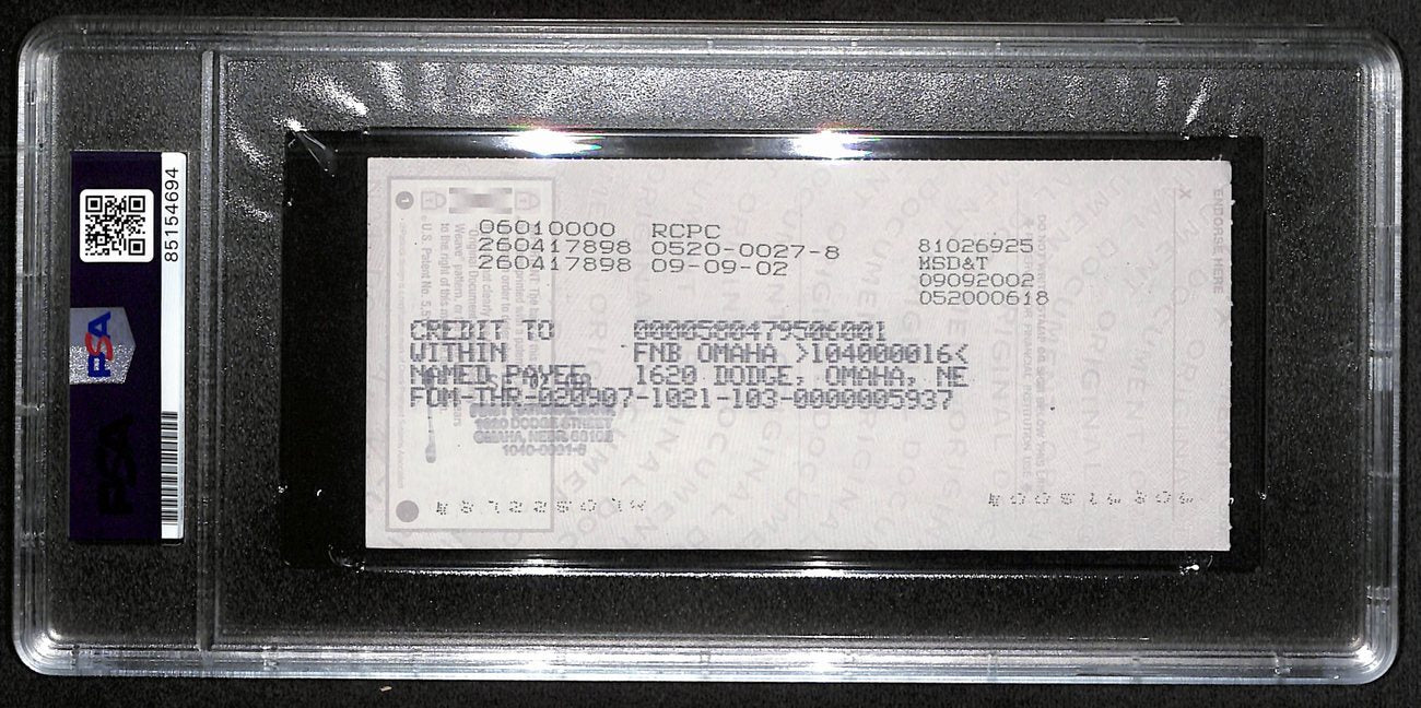 Johnny Unitas Signed 9/1/02 Check Psa/Dna Mint 9