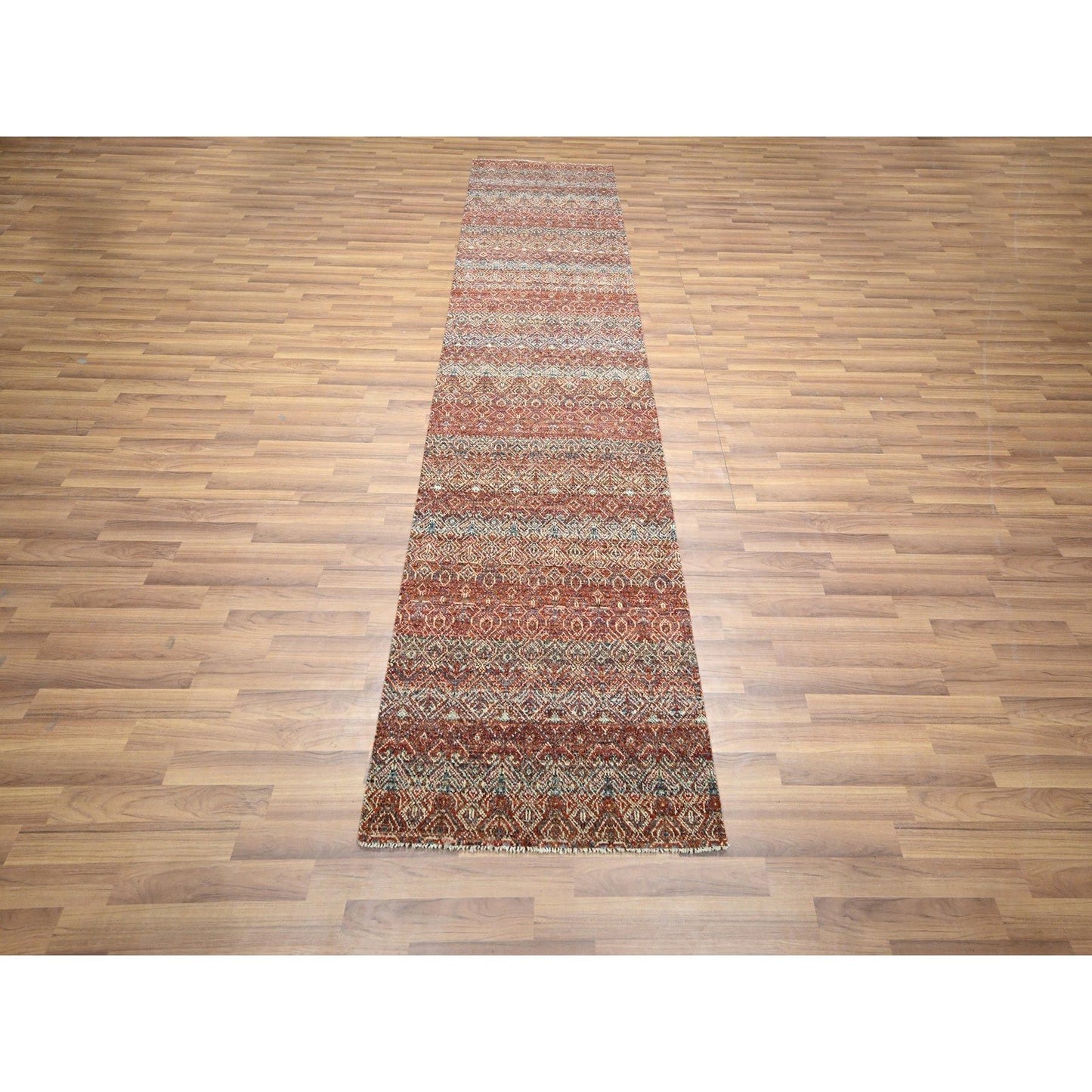 2'7"X10'2" Red Small Geometric Pattern Soft Wool Hand Knotted Runner Rug