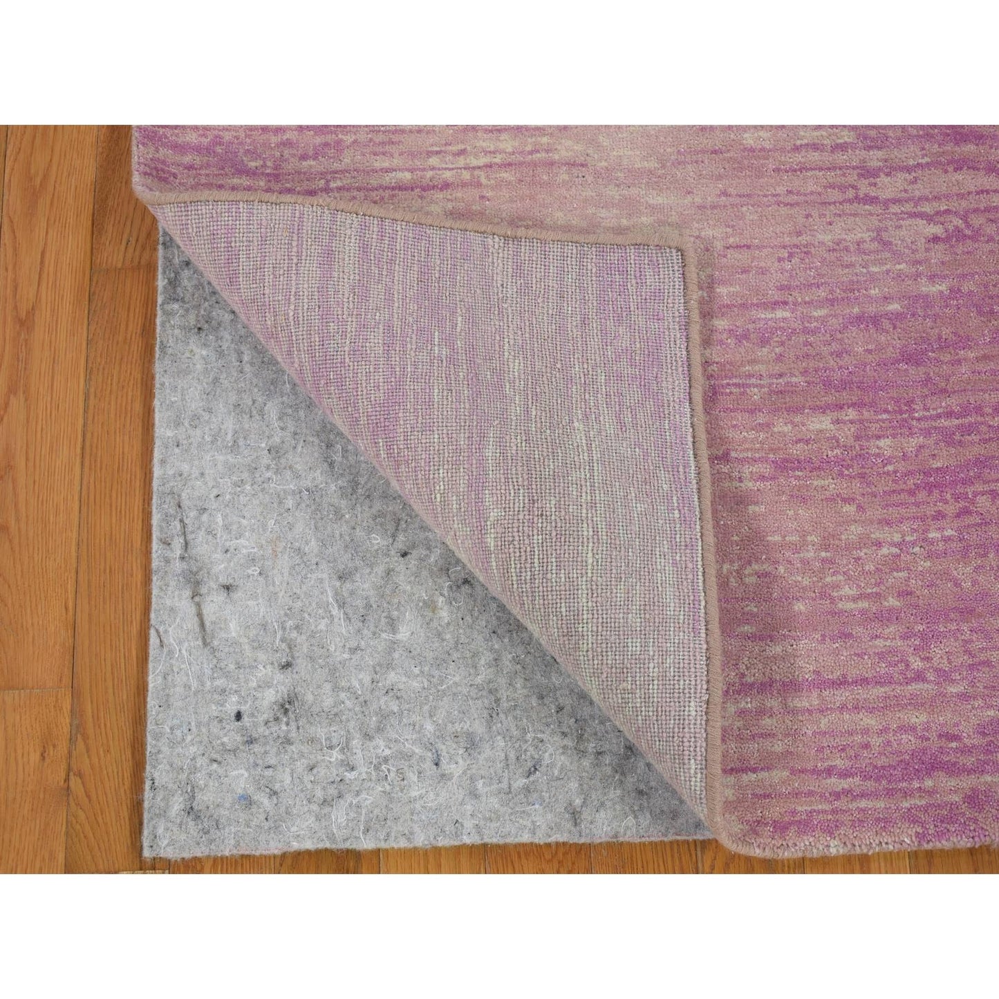 2'6"X12'4" Pink Hand Knotted Zero Pile Pure Wool Only Runner Rug
