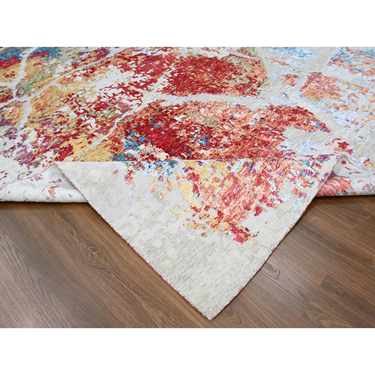 9'1"X12' Ruby Red Abstract Design Wool And Silk Hand Knotted Modern Rug