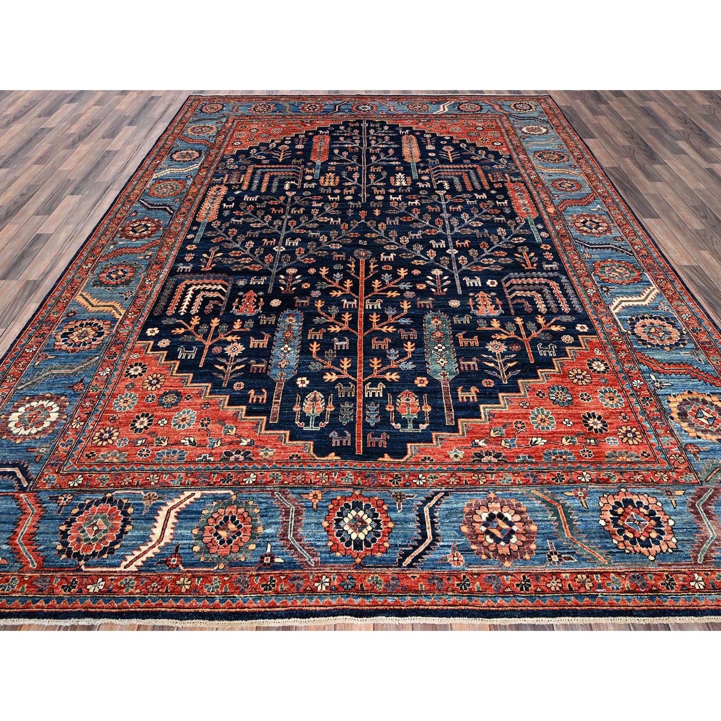 9'2"X12'1" Yale Blue Willow And Cypress Tree Design Wool Hand Knotted Rug
