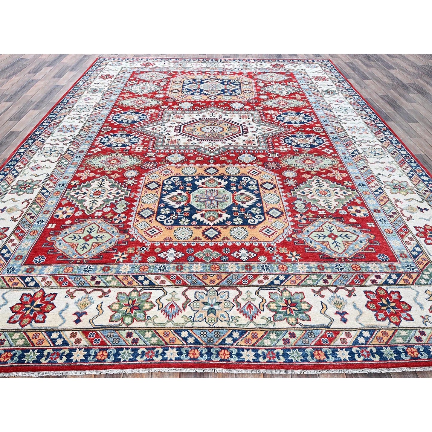 9'1"X11'9" Berry Red Kazak With Geometric Design Hand Knotted Soft Wool Rug