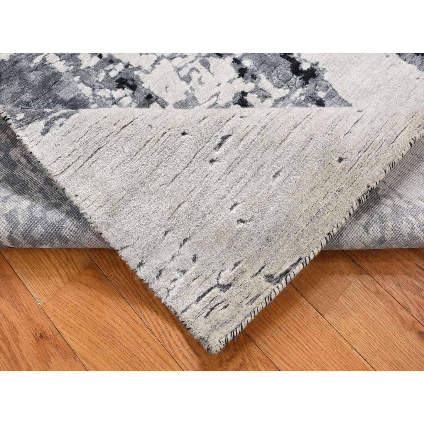 4'2"X13'1" Gray Abstract Design Wool & Silk Hand Knotted Wide Runner Rug
