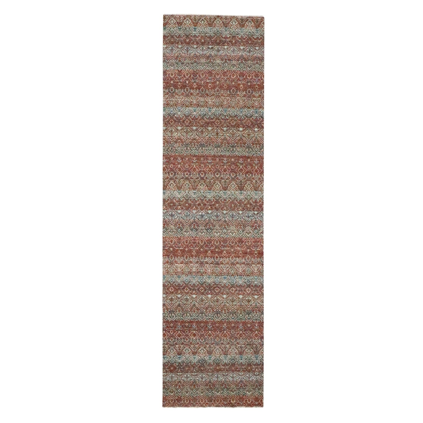 2'7"X10'2" Red Small Geometric Pattern Soft Wool Hand Knotted Runner Rug