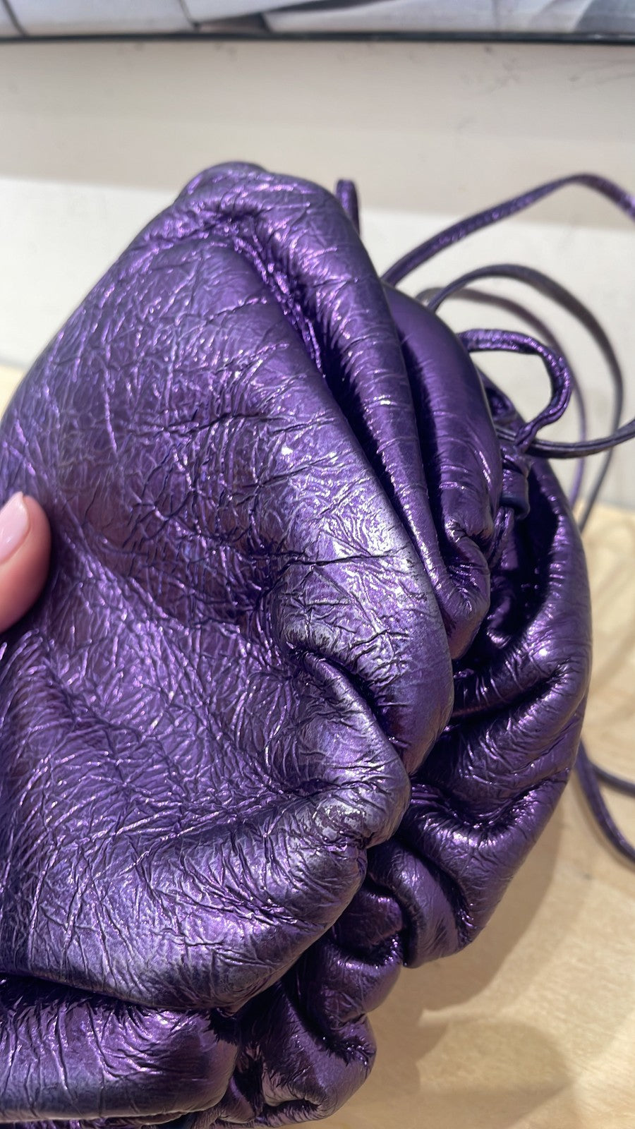 Bottega Veneta The Pouch Crinkled Metallic Leather Mini