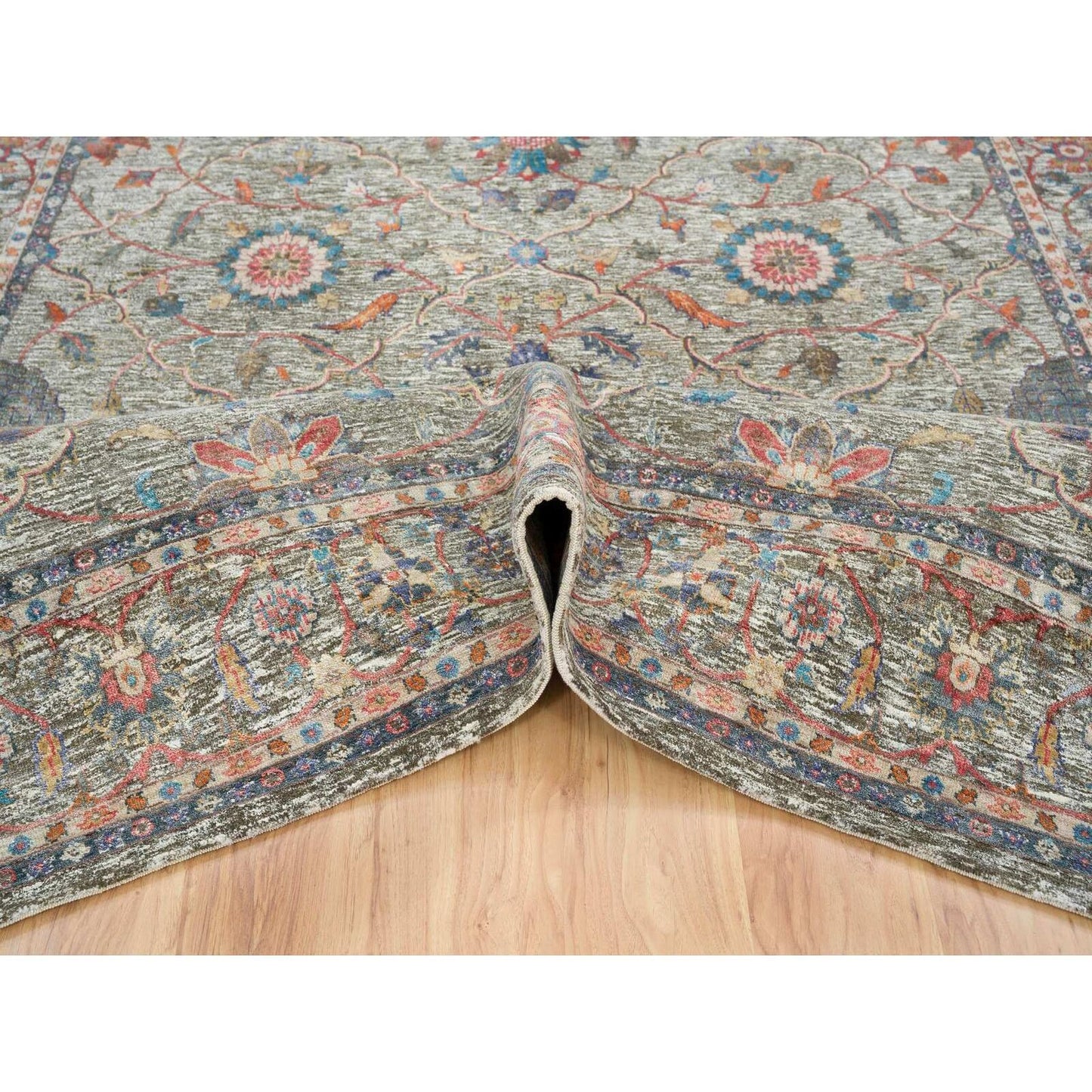 8'X10'1" Taupe Hand Knotted Striae Pattern Silk Textured Wool Rug