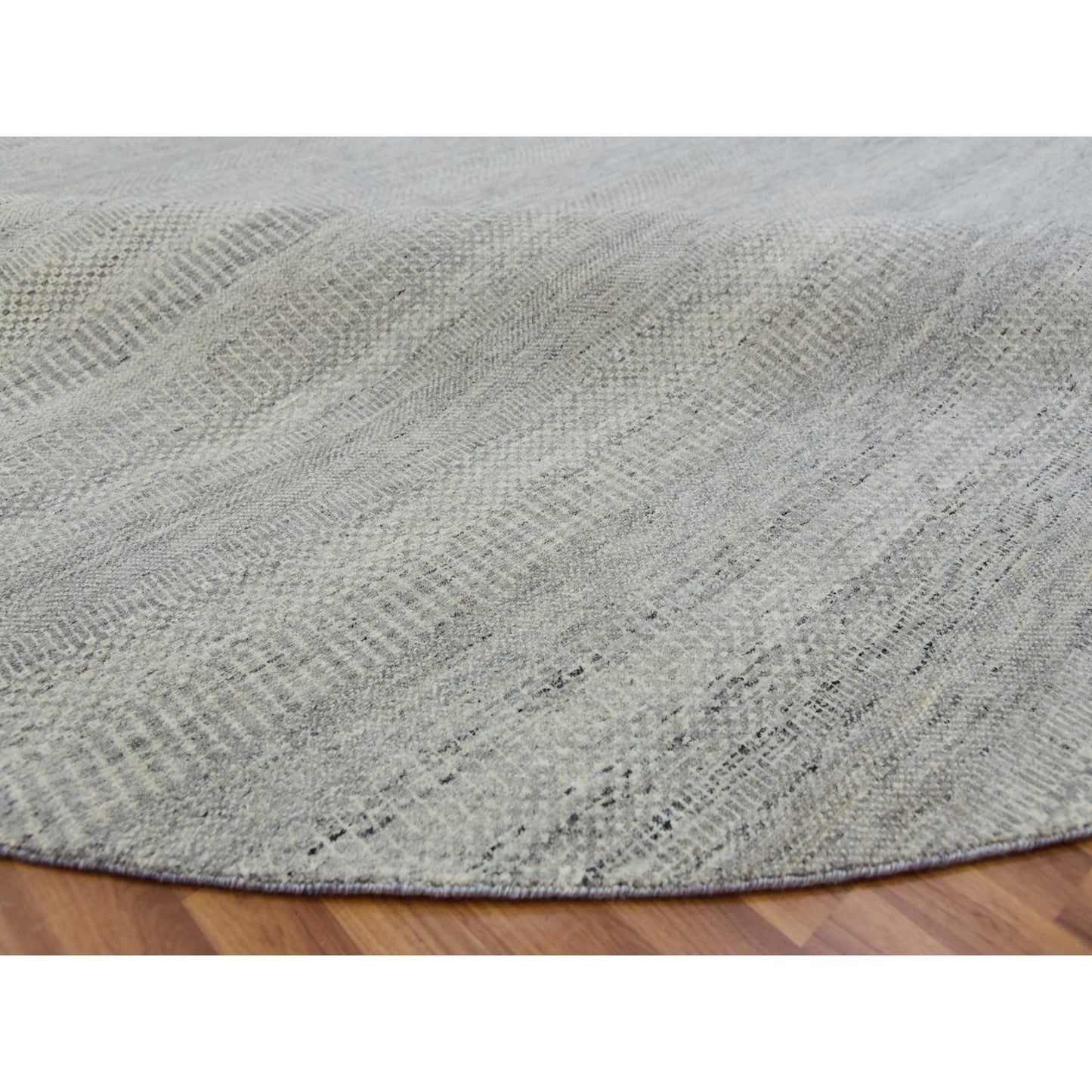 11'X11' Rustic Gray Grass Design Hand Knotted Undyed Wool Round Rug
