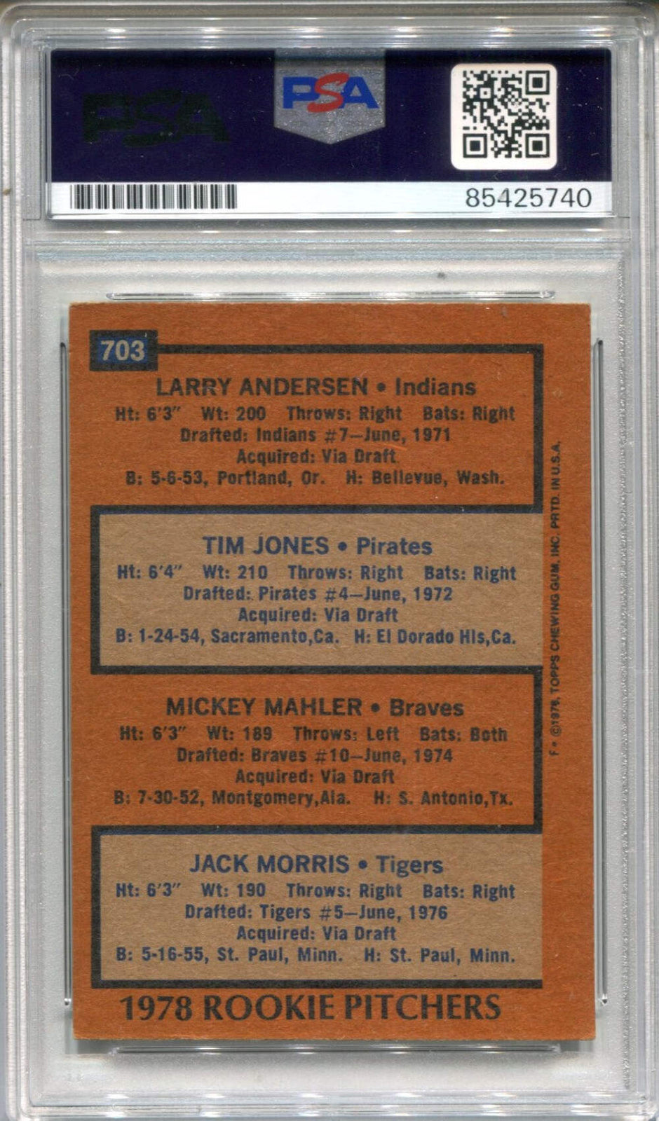 Jack Morris 1978 Topps #78 Rookie Pitchers Psa Auto Authentic Card