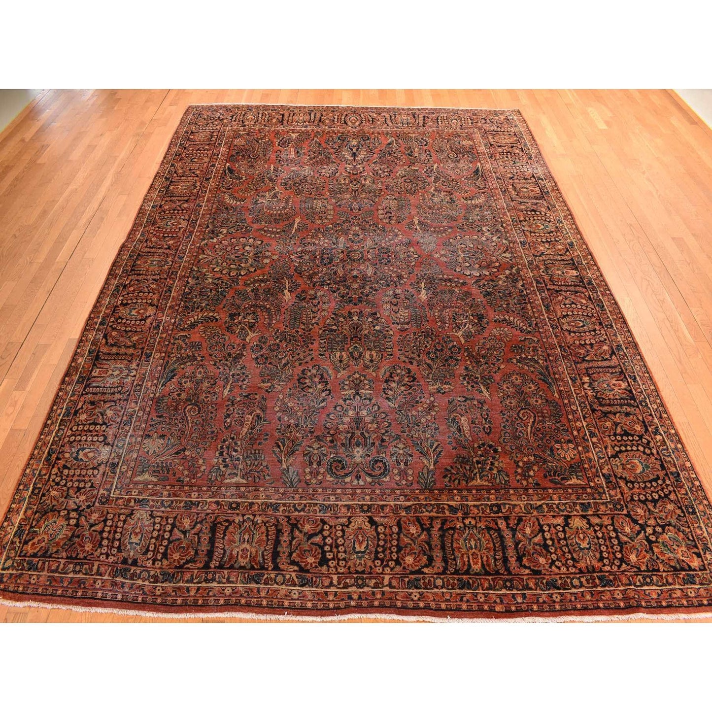 10'X13'4" Red Antique Zoroastrian Saroogh Worn Down Wool Hand Knotted Rug