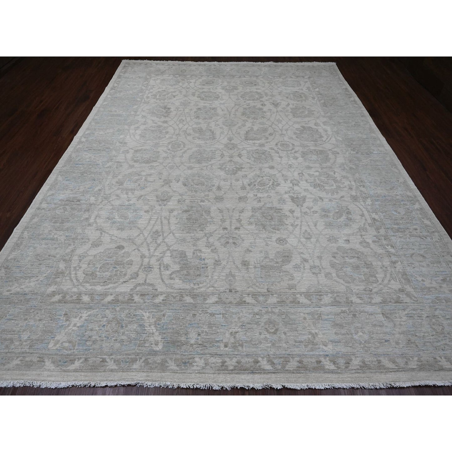 9'2"X11'10" White Washed Out Peshawar Leaf Design Hand Knotted Wool Rug