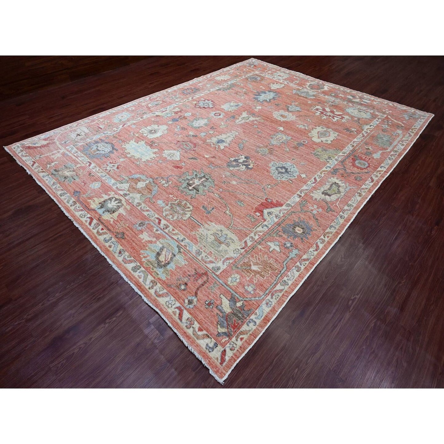 9'X11'9" Red All Wool Afghan Angora Oushak Floral Design Hand Knotted Rug