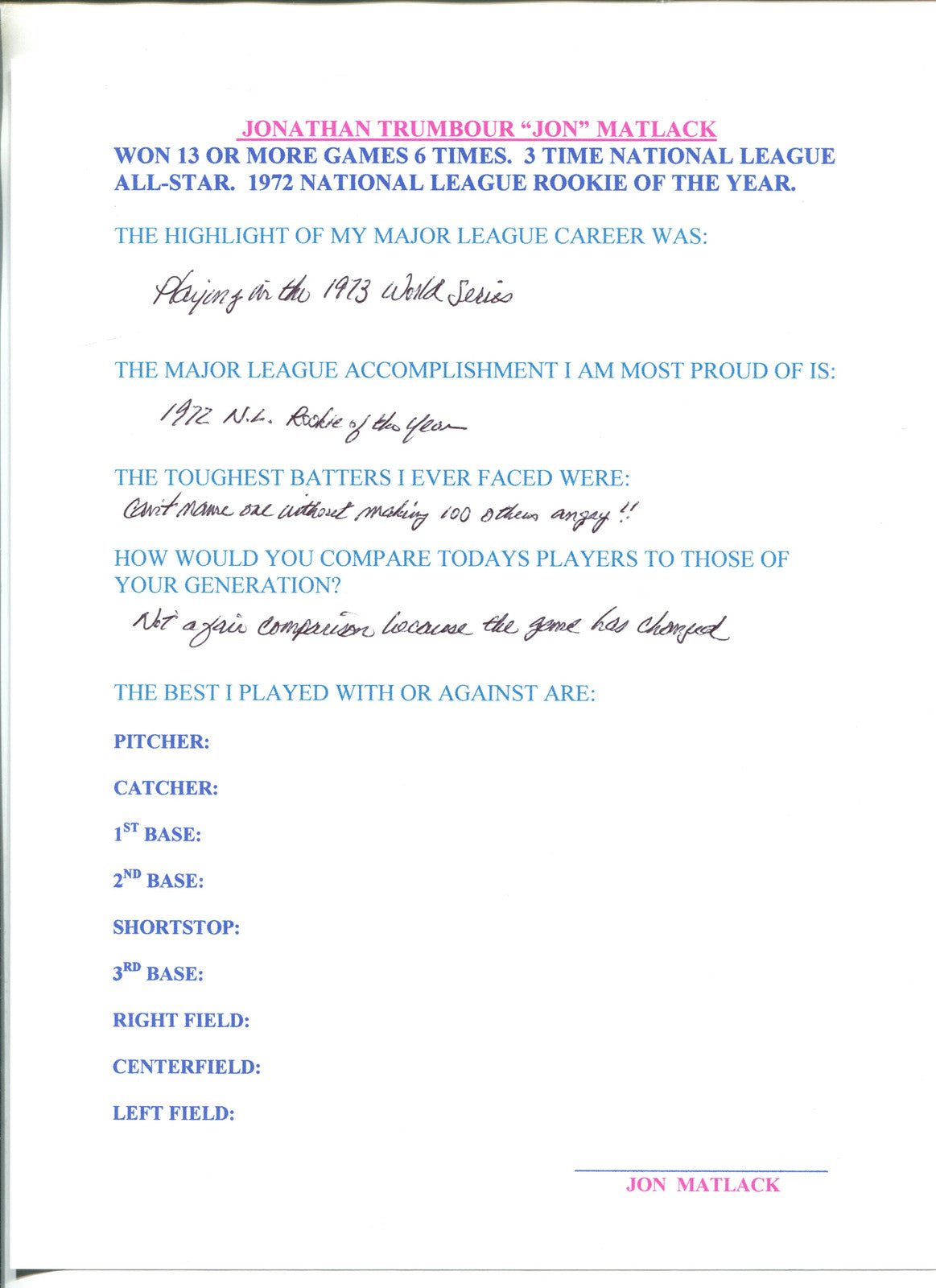 Jon Matlack Autographed Hand Filled Out Survey Page